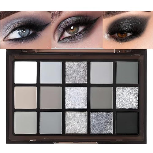 Black Smoky Eye shadow Palette, 15 Colors Black Dark Grey Smokey Goth Eyeshadow Pallet, Matte High Pigmented Basic White Gray Eyeshadow For Woman